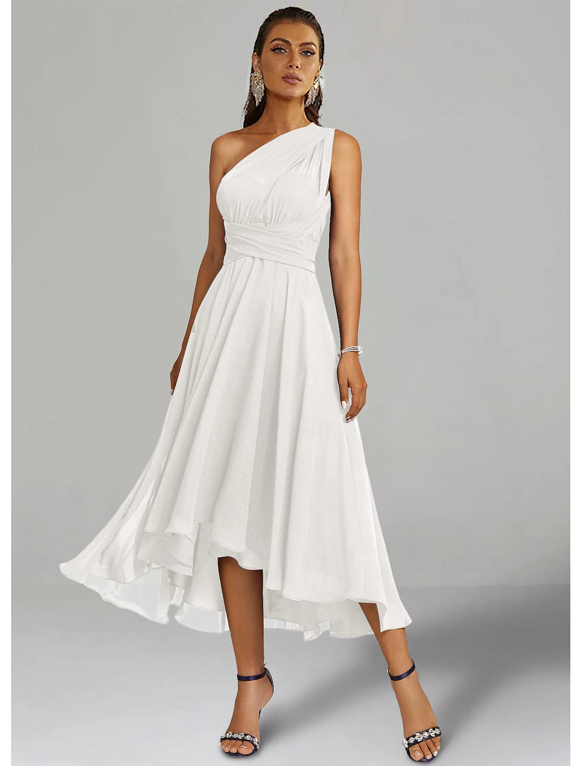 A-Line Wedding Guest Dresses Elegant Dress Formal Wedding Party Tea Length Sleeveless One Shoulder Fall Wedding Guest Chiffon with Ruched
