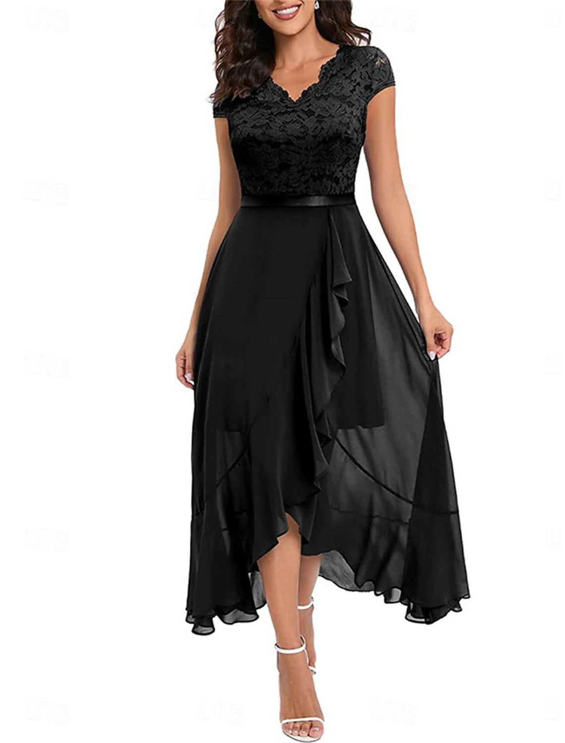 Women's Lace Dress Maxi Dress Lace Lace Ruffle Wedding Guest Cocktail Party Elegant Formal V Neck Sleeveless Black Pink Wine Color