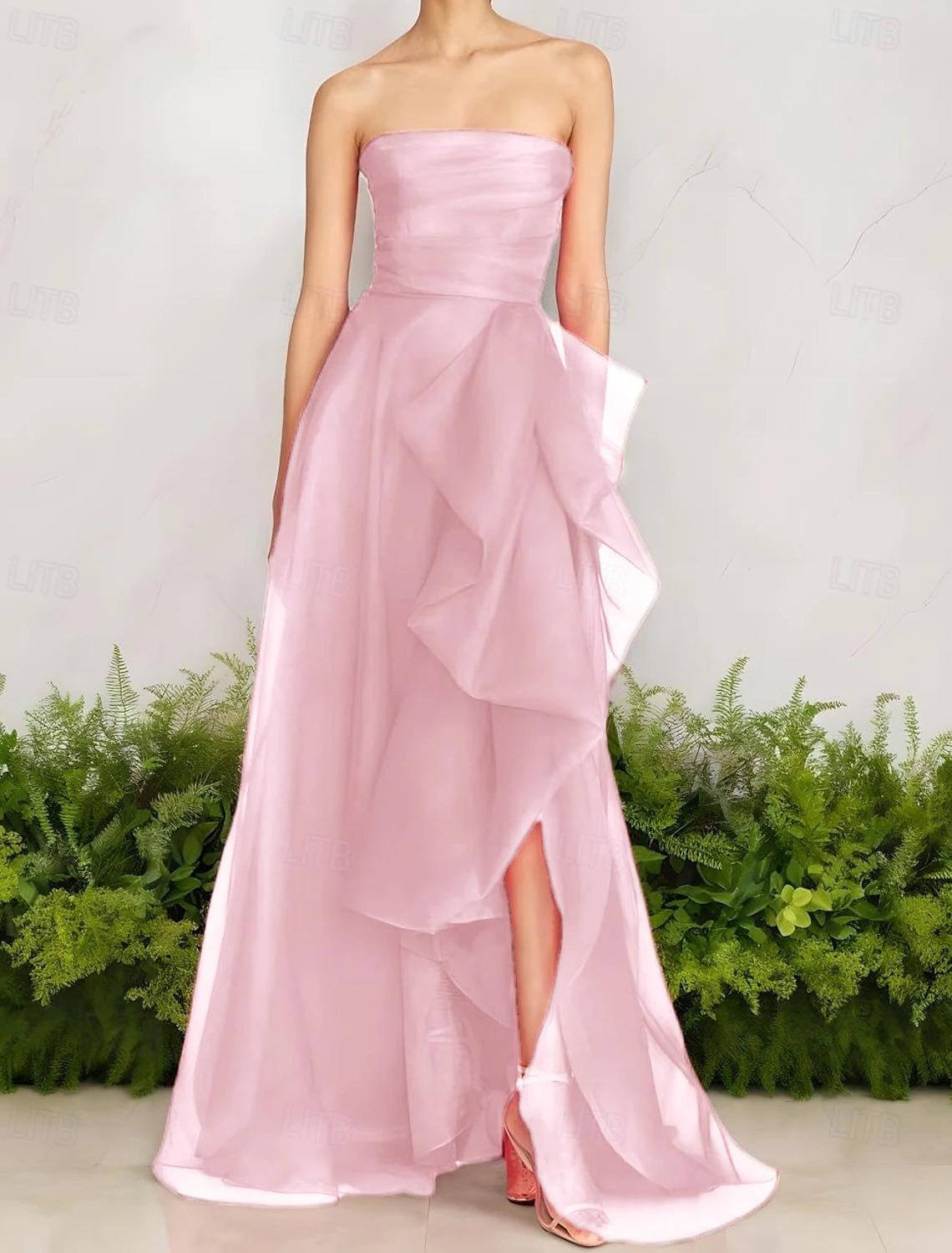 A-Line Evening Gown Celebrity Style Dress Formal Wedding Guest Floor Length Sleeveless One Shoulder Organza with Ruched Ruffles Slit