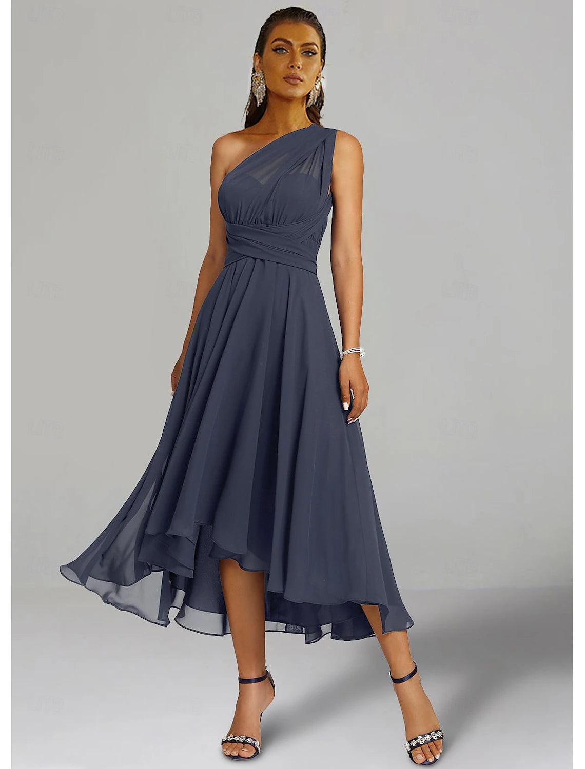 A-Line Wedding Guest Dresses Elegant Dress Formal Wedding Party Tea Length Sleeveless One Shoulder Fall Wedding Guest Chiffon with Ruched