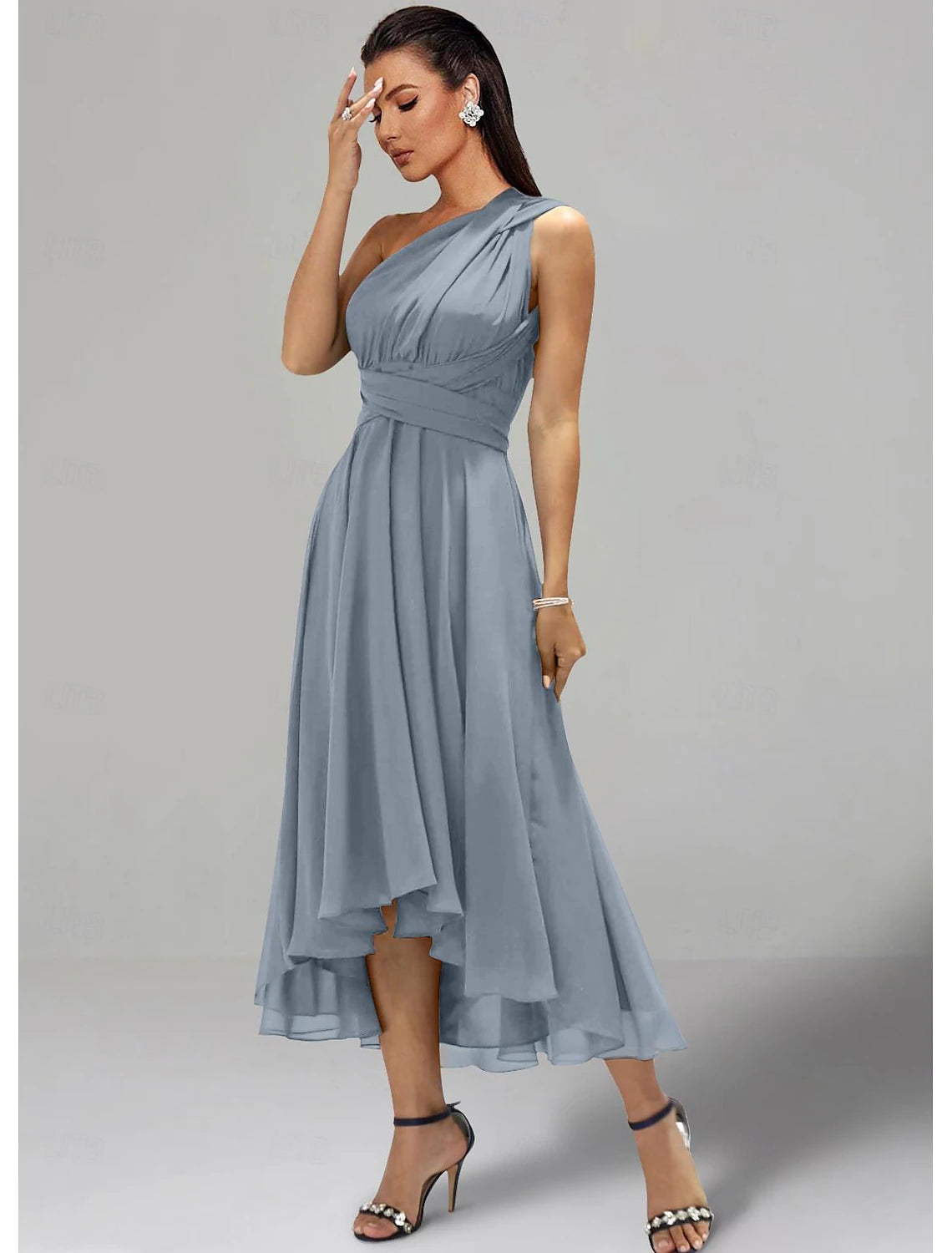 A-Line Wedding Guest Dresses Elegant Dress Formal Wedding Party Tea Length Sleeveless One Shoulder Fall Wedding Guest Chiffon with Ruched