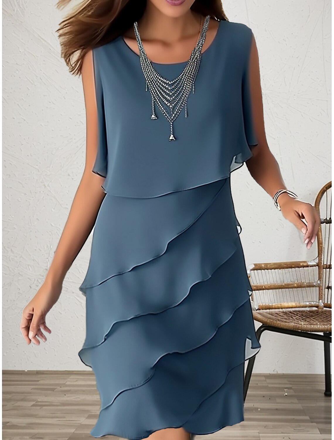 Women's Wedding Guest Cocktail Dress Elegant Chiffon Party Dress Midi Dress Blue Sleeveless Pure Color Ruffle Summer Spring Fall Crew Neck Fashion Summer Dress