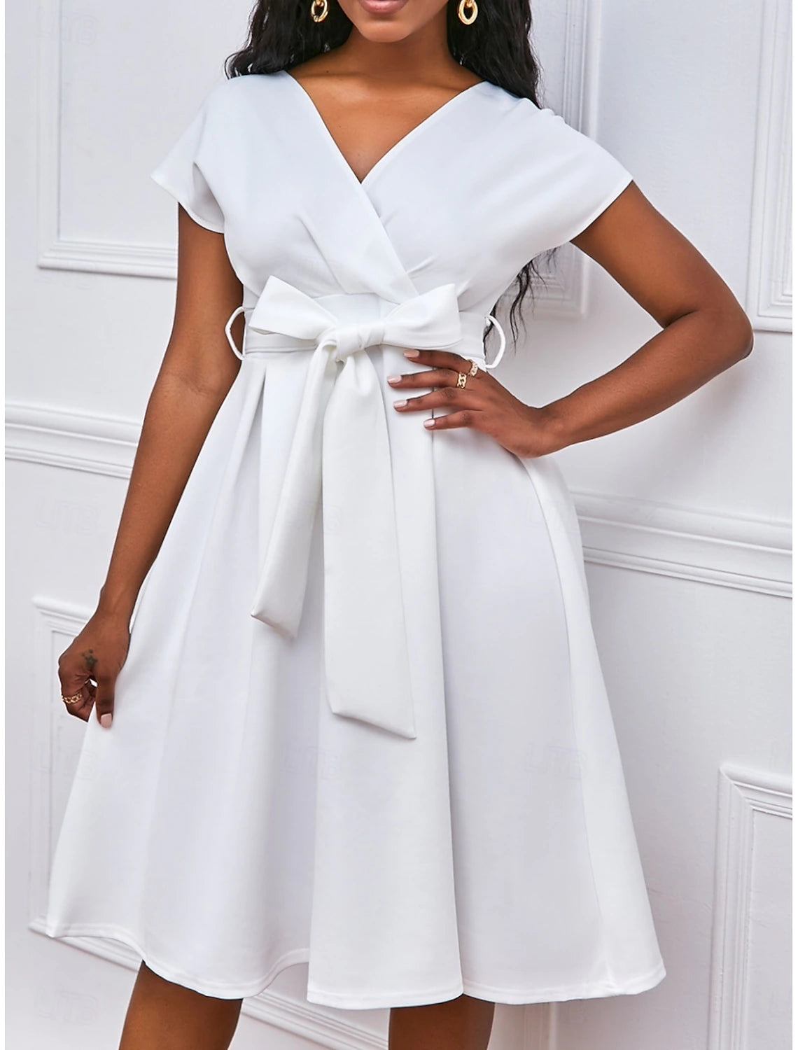 Kentucky Derby Women's Midi Dress A Line Dress Summer Dress Fit And Flare Dress Semi Formal Kentucky Derby Wedding Guest Cocktail Party Regular Fit Graphic Short Sleeve V Neck Black White Yellow Red