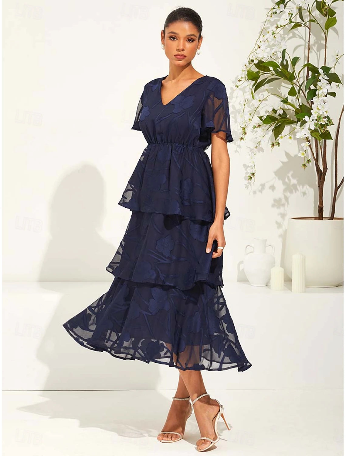 Women's Maxi Dress A Line Dress Elegant Formal Flutter Sleeve Wedding Guest Cocktail Party Regular Fit Plain Short Sleeve V Neck Dark Blue Summer