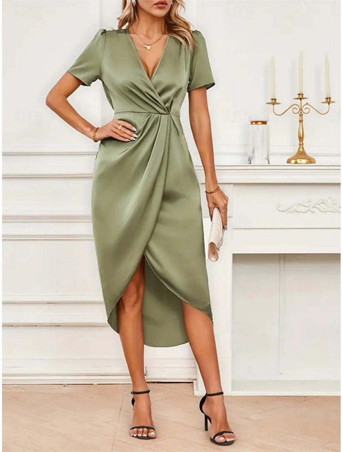 Women's Midi Dress Party Dress Cocktail Dress Satin Dress Elegant Fashion Romantic Wedding Party Wedding Guest Regular Fit Plain Short Sleeve V Neck Black Champagne Wine Green Summer