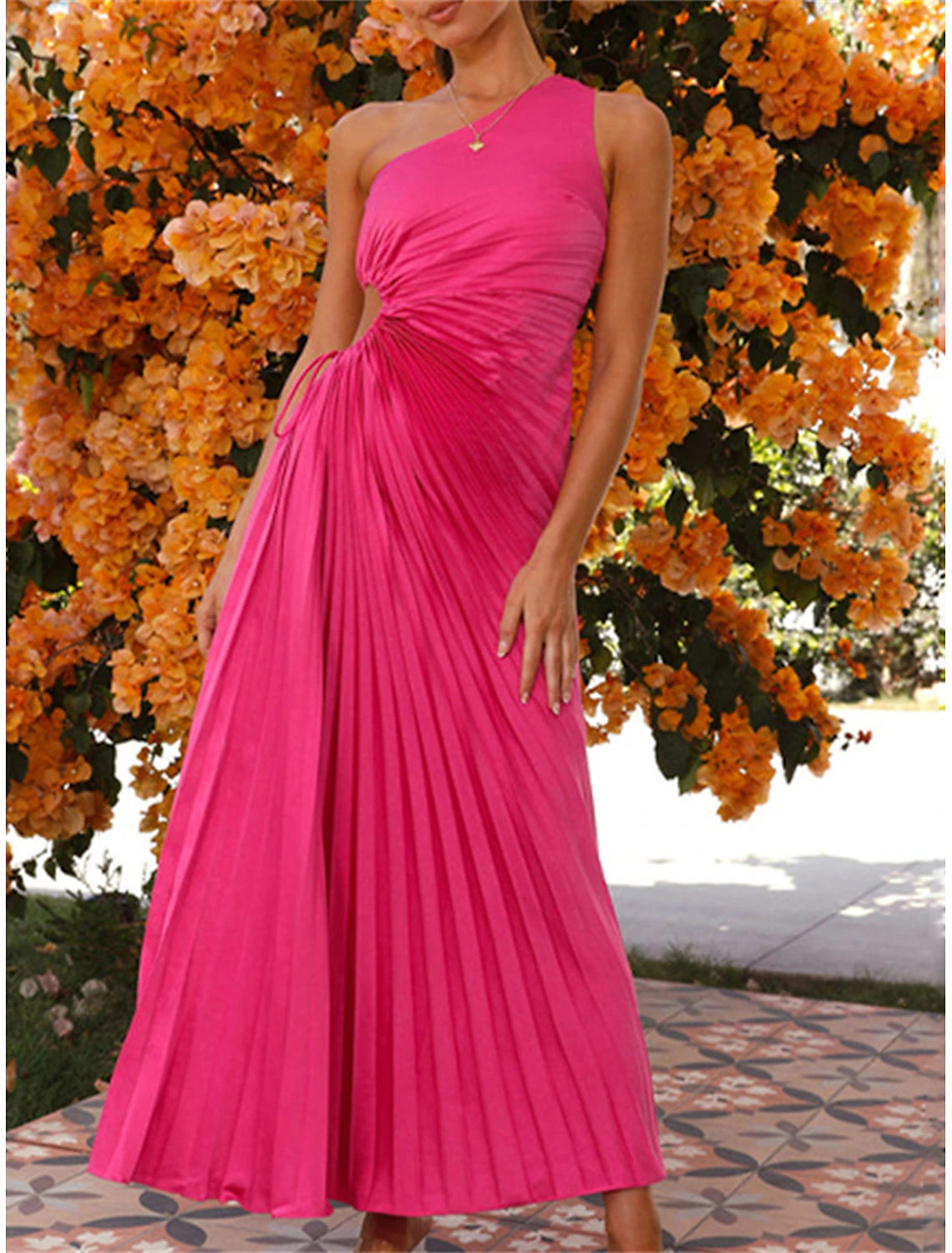 Women's Prom Dress Party Dress Cut Out Dress Pleated Drawstring One Shoulder Sleeveless Valentine's Day Wedding Guest Elegant Black Light Purple Summer Spring