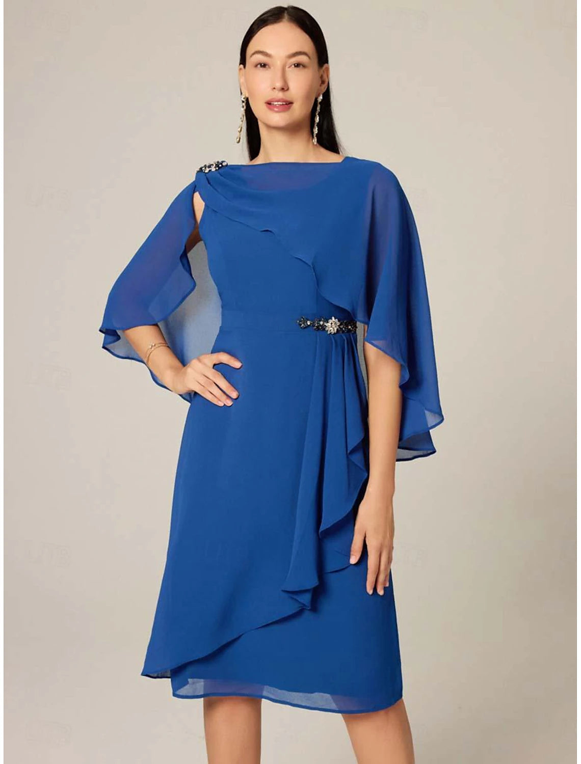 Women's Plus Size Wedding Guest Cocktail Dress Set Chiffon Ruffle Boat Neck Sleeveless Midi Dress Party Elegant Royal Blue Summer