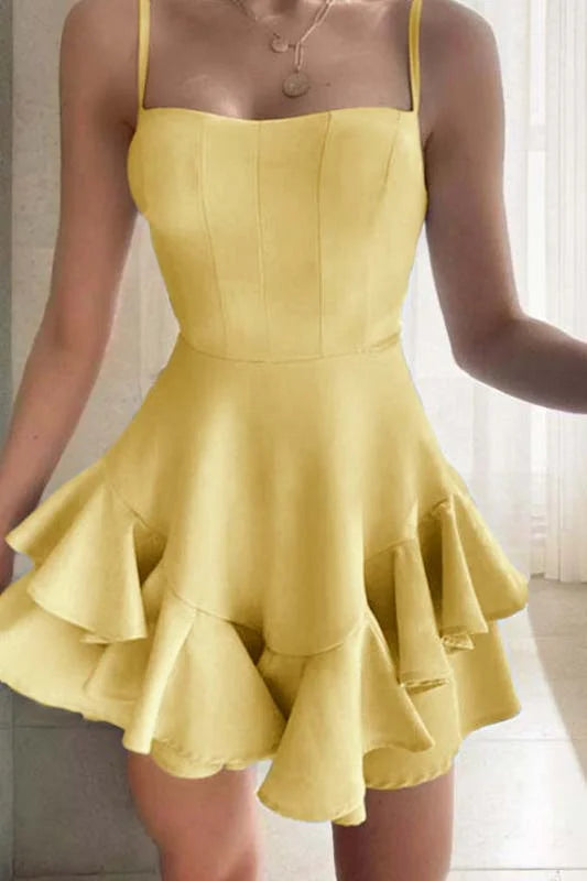 Slim Sky Blue Satin Spaghetti Strap Sleeveless Short Homecoming Dress With Ruffles