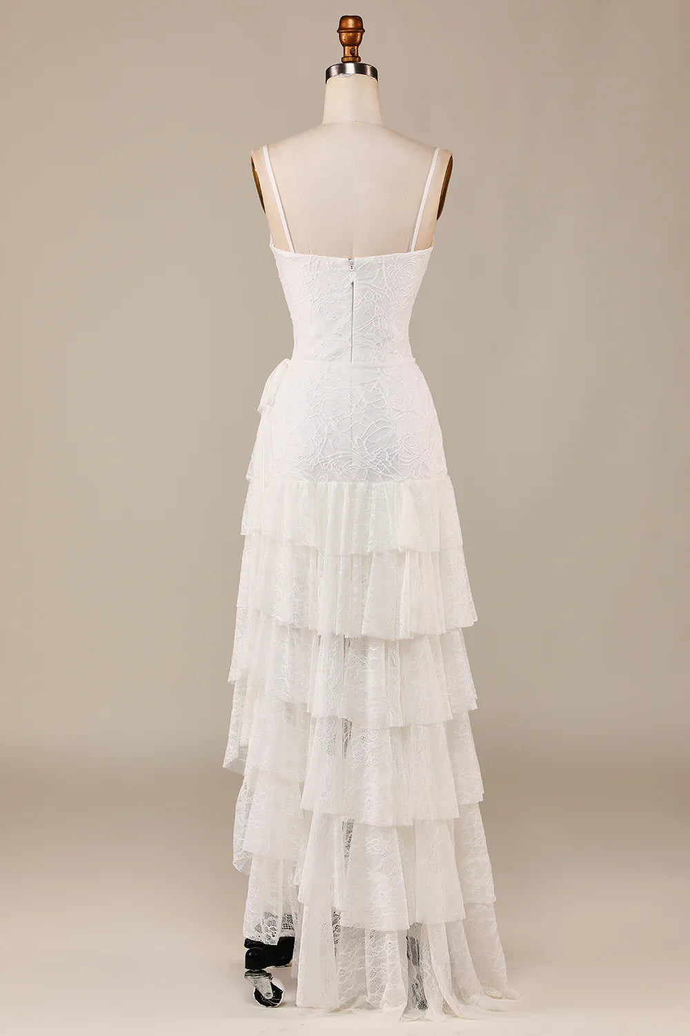DingJiDress Sheath Spaghetti Straps Ivory Lace Asymmetrical Detachable Train Boho Wedding Dress