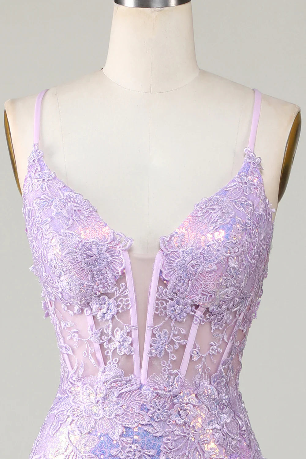 DingJiDress Sparkly Mermaid Spaghetti Straps Purple Corset Prom Dress with Slit