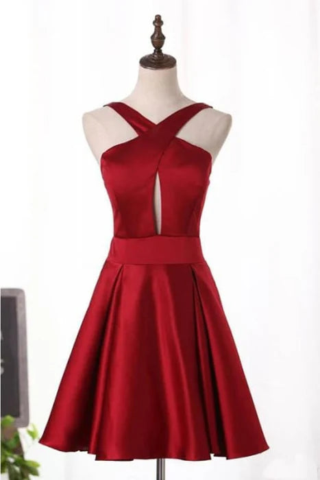 Unique Burgundy Satin Homecoming A Line Short Prom Dress with Keyhole ﻿