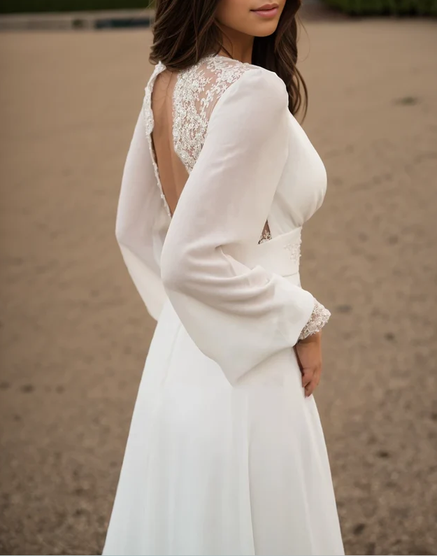 wedding dress long-sleeve button back long train gown lace & chiffon Wedding Dresses