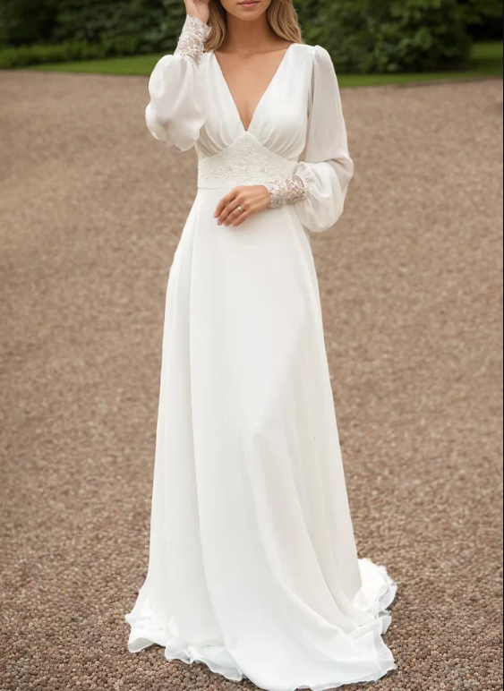 wedding dress long-sleeve button back long train gown lace & chiffon Wedding Dresses