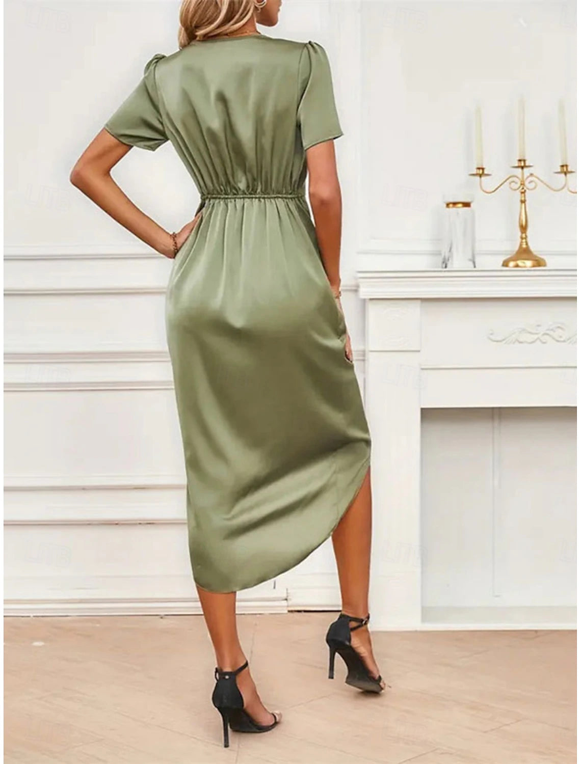 Women's Midi Dress Party Dress Cocktail Dress Satin Dress Elegant Fashion Romantic Wedding Party Wedding Guest Regular Fit Plain Short Sleeve V Neck Black Champagne Wine Green Summer