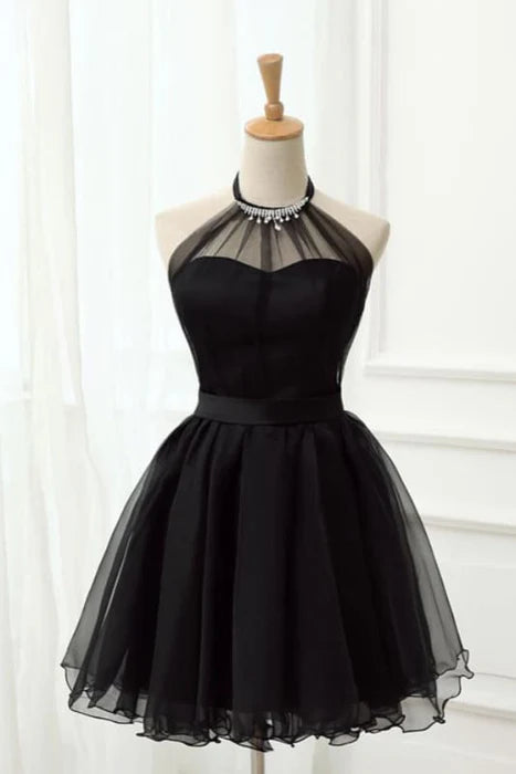 Halter Sleeveless Tulle Homecoming Cute Little Black Short Prom Dresses