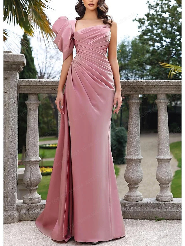 Pink slim fit pleated long slit shoulder floor length ball gown