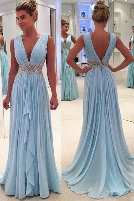 Sky Blue A Line Deep Neck Sleeveless V Back Beading Pleats Chiffon Long Prom Dress