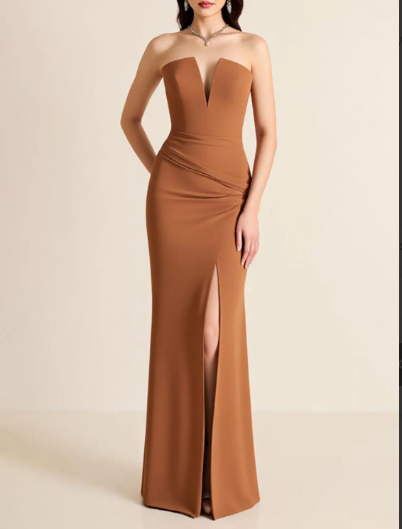 Brown Sheath Strapless Long Formal Dress with Slit
