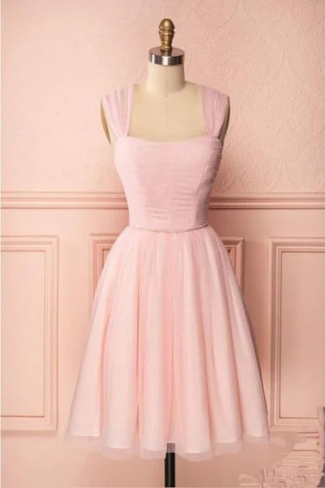 Pink Vintage Tulle Knee Length Homecoming Dress Straps Graduation Dresses
