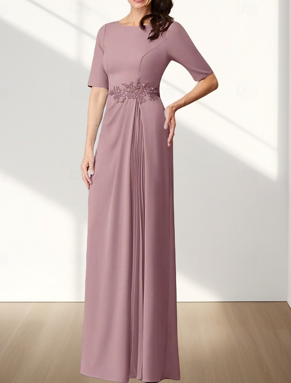 A-Line Mother of the Bride Dress Wedding Guest Elegant Crew Neck Floor Length Chiffon Stretch Fabric Half Sleeve with Appliques Ruching
