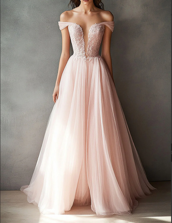 Pink Tulle Off the Shoulder Long Prom Dress