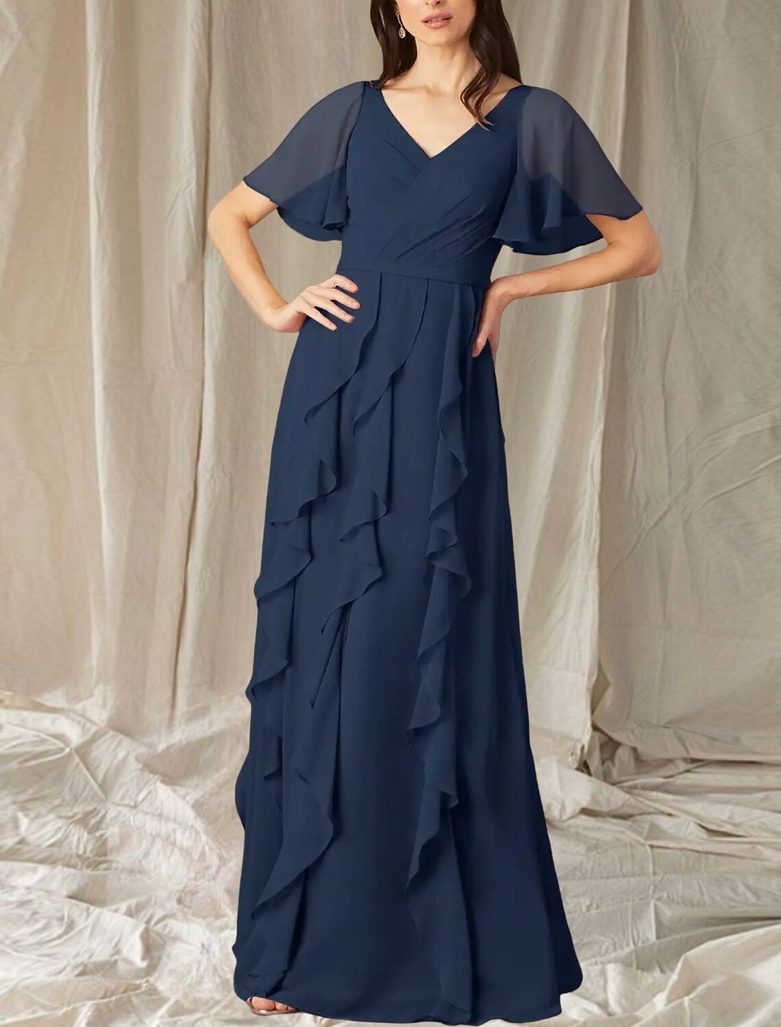 A-Line Mother of the Bride Dress Wedding Guest Elegant Sweet V Neck Floor Length Chiffon Short Sleeve Long Sleeve with Cascading Ruffles Ruching