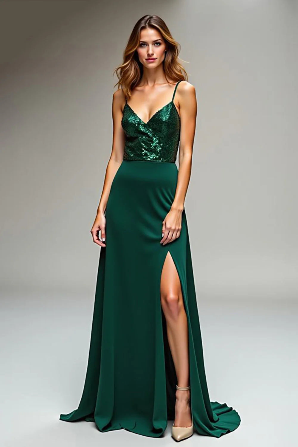 Dark Green Spaghetti Straps V-Neck Long Sheath Prom Dress with Slit ﻿