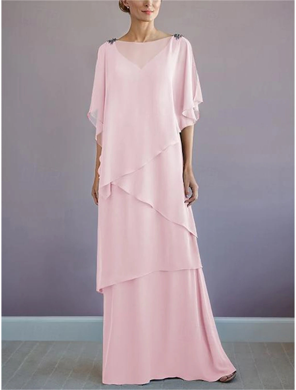 Beach Wedding A-Line Mother of the Bride Dress Formal Wedding Guest Elegant Bateau Neck Floor Length Chiffon Half Sleeve with Ruffles Draping Tier