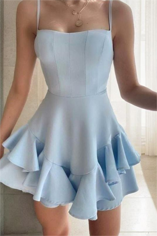Slim Sky Blue Satin Spaghetti Strap Sleeveless Short Homecoming Dress With Ruffles