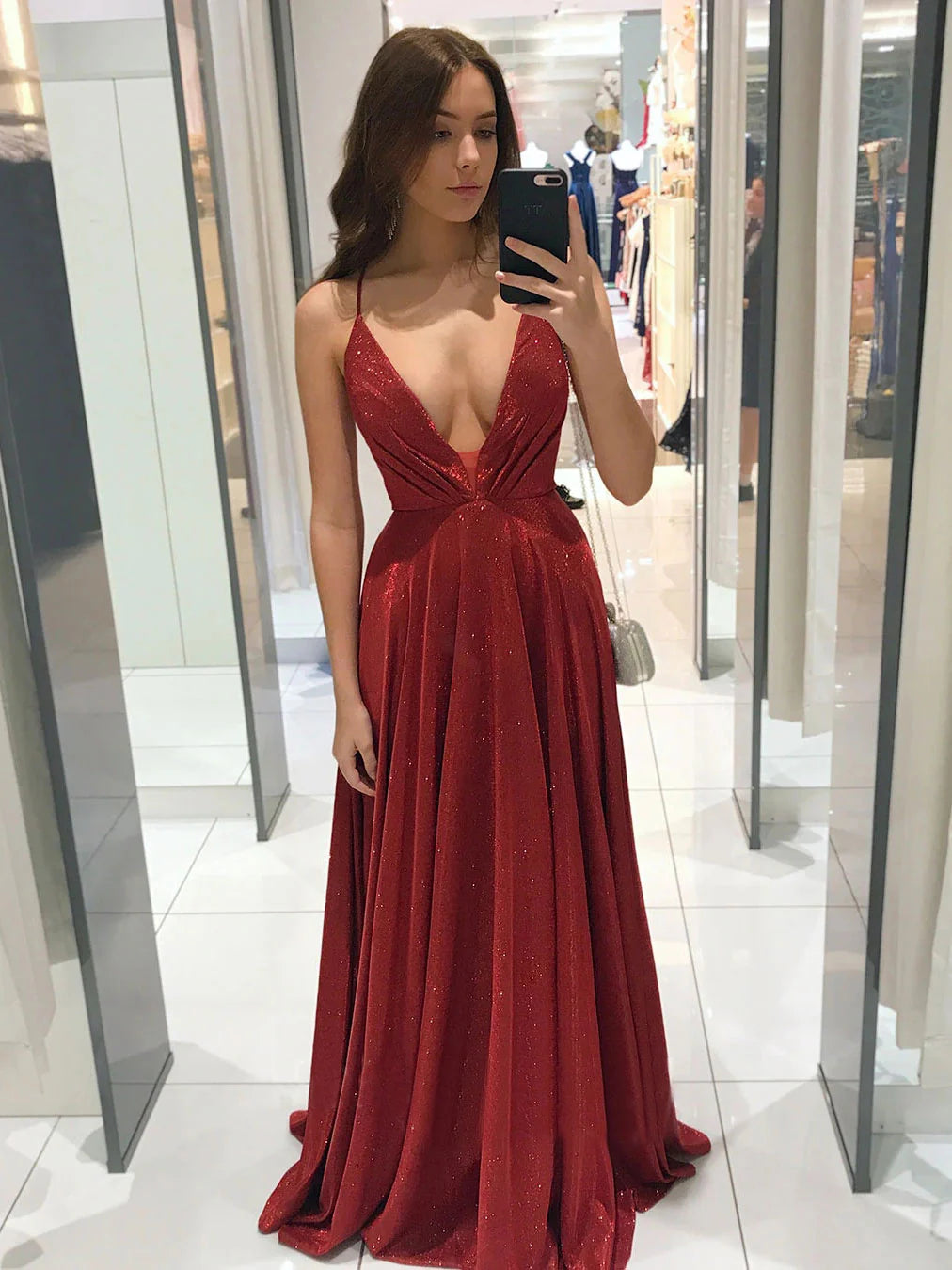 Simple v neck A line long prom dress burgundy evening dress