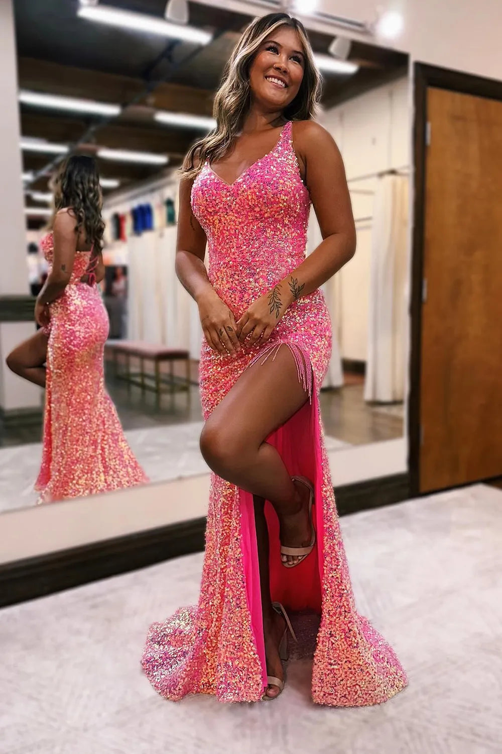 Light purple long sequin slit tassel lace up party dress