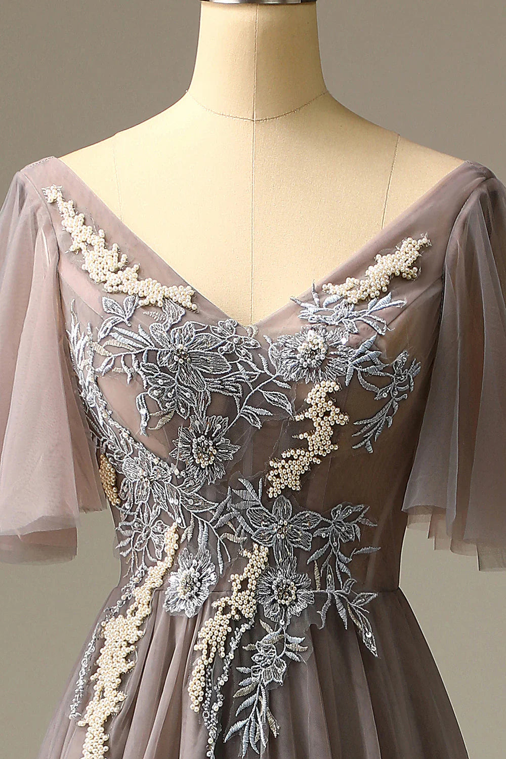 DingJiDress Grey V Neck Prom Dress