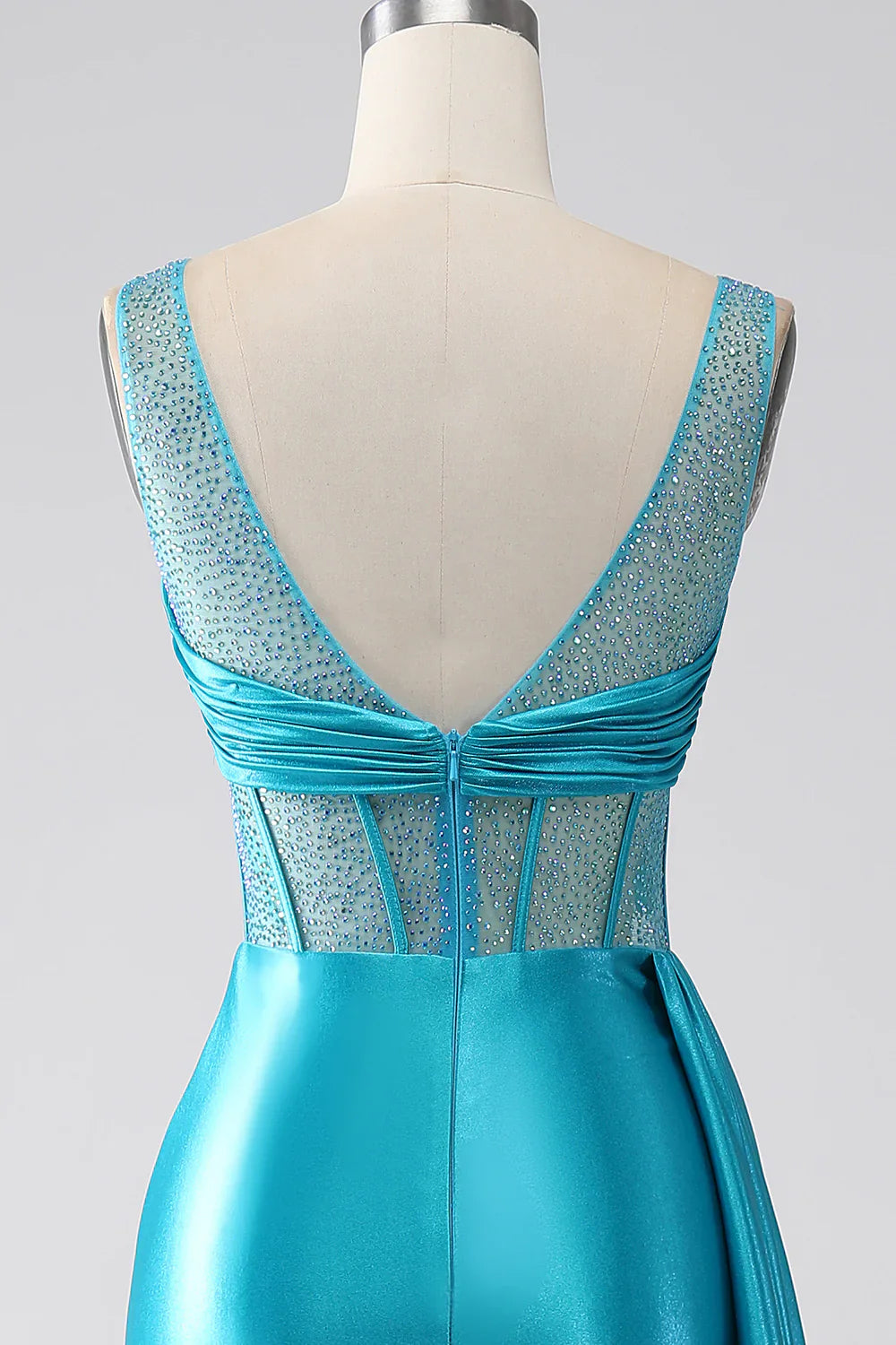 DingJiDress Turquoise Mermaid V-Neck Sweep Train Pleated Corset Beaded Prom Dress
