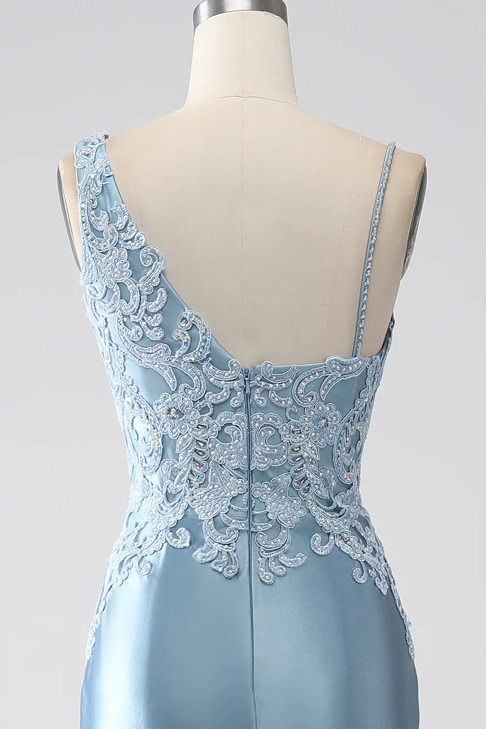 DingJiDress Grey Blue Mermaid Spaghetti Straps Long Beaded Prom Dress With Appliques