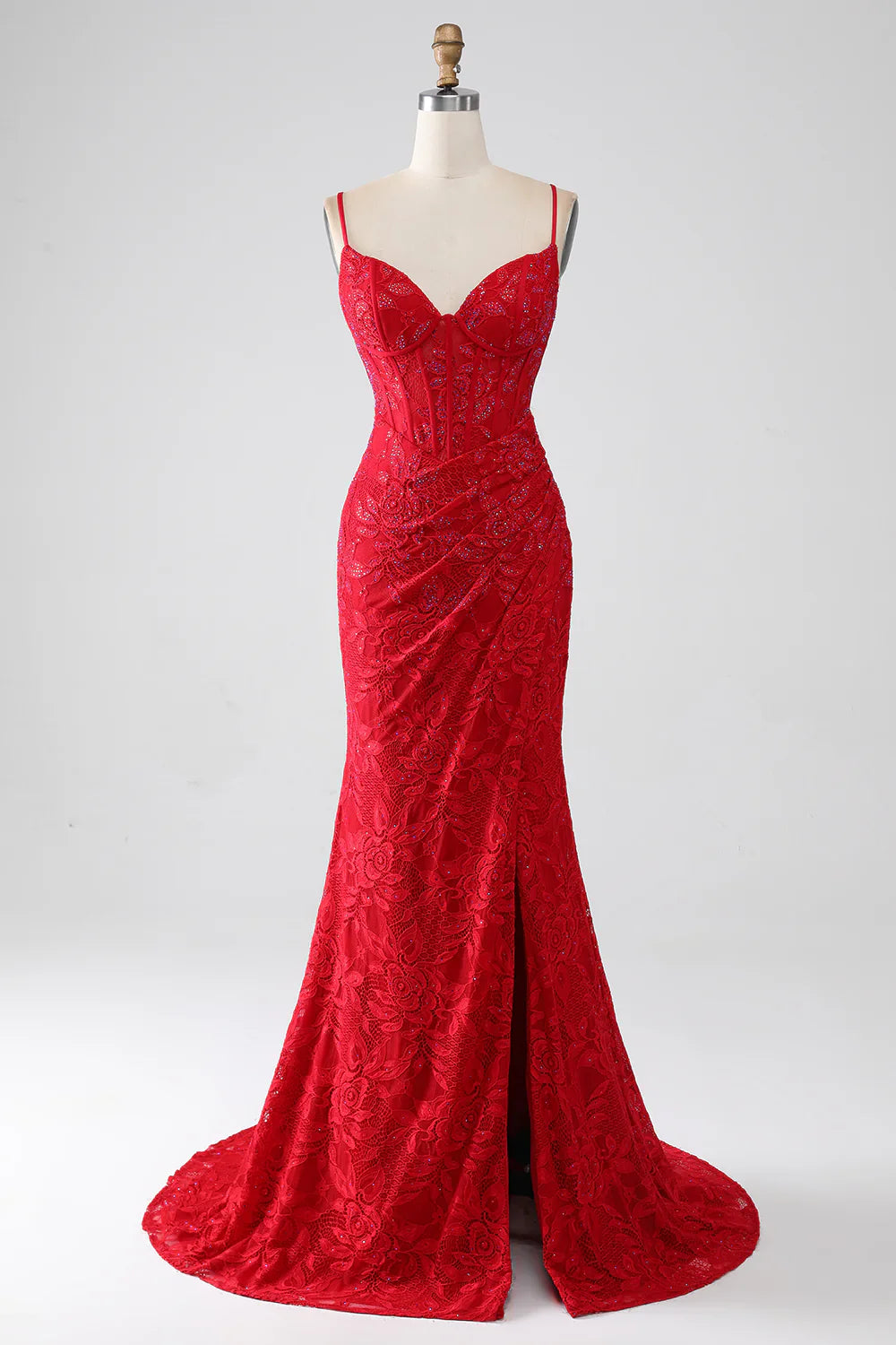 DingJiDress Red Mermaid Spaghetti Straps Beaded Lace Applique Prom Dress With Slit