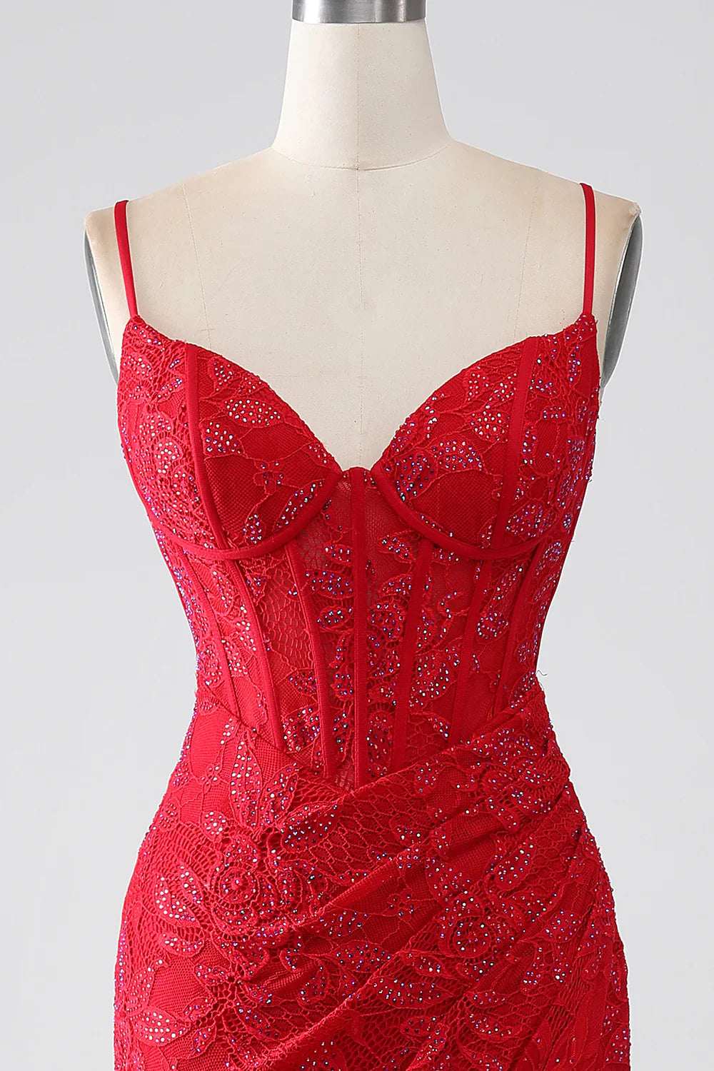 DingJiDress Red Mermaid Spaghetti Straps Beaded Lace Applique Prom Dress With Slit