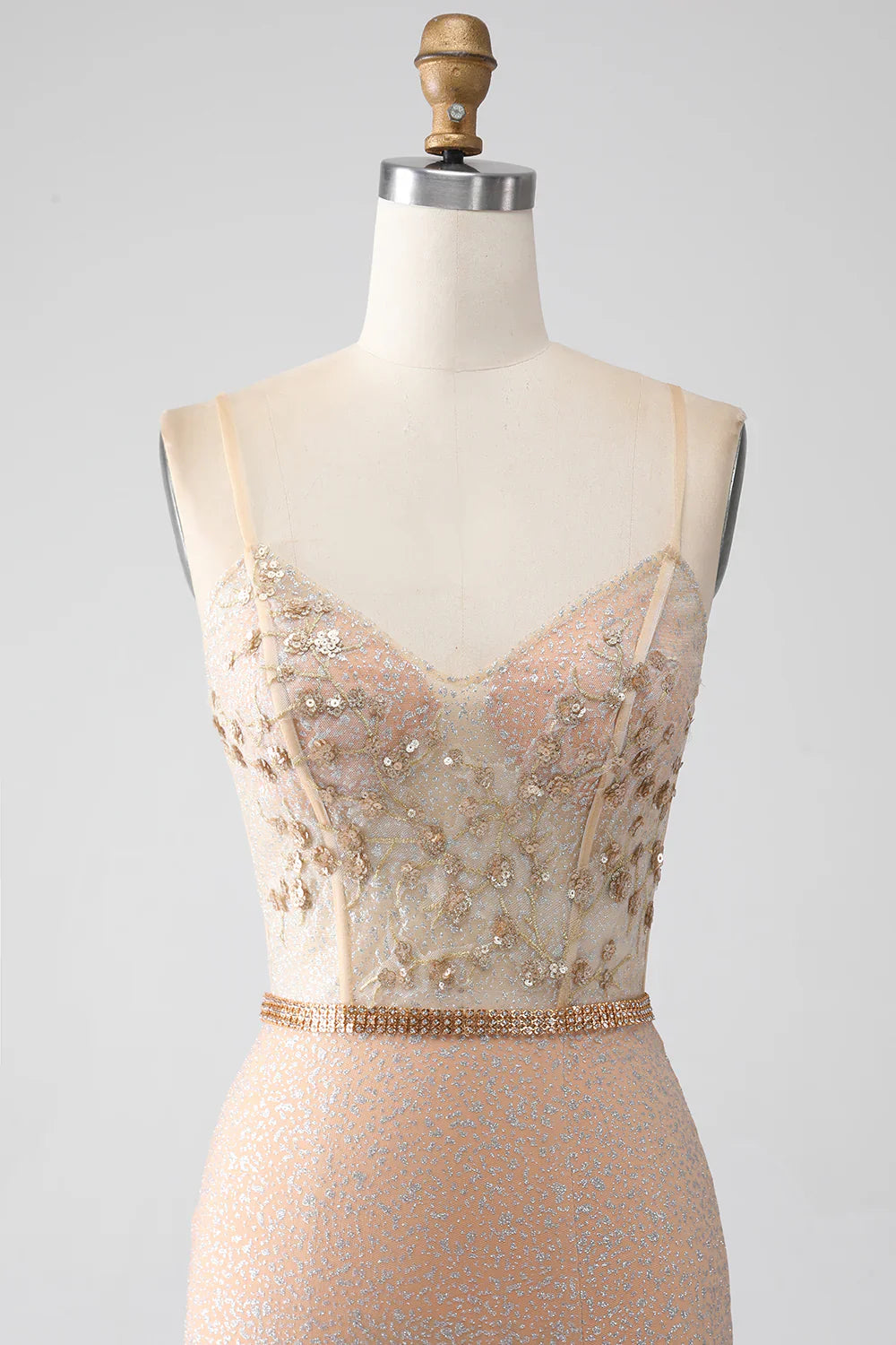 DingJiDress Mermaid Champagne Spaghetti Straps Long Prom Dress with Slit