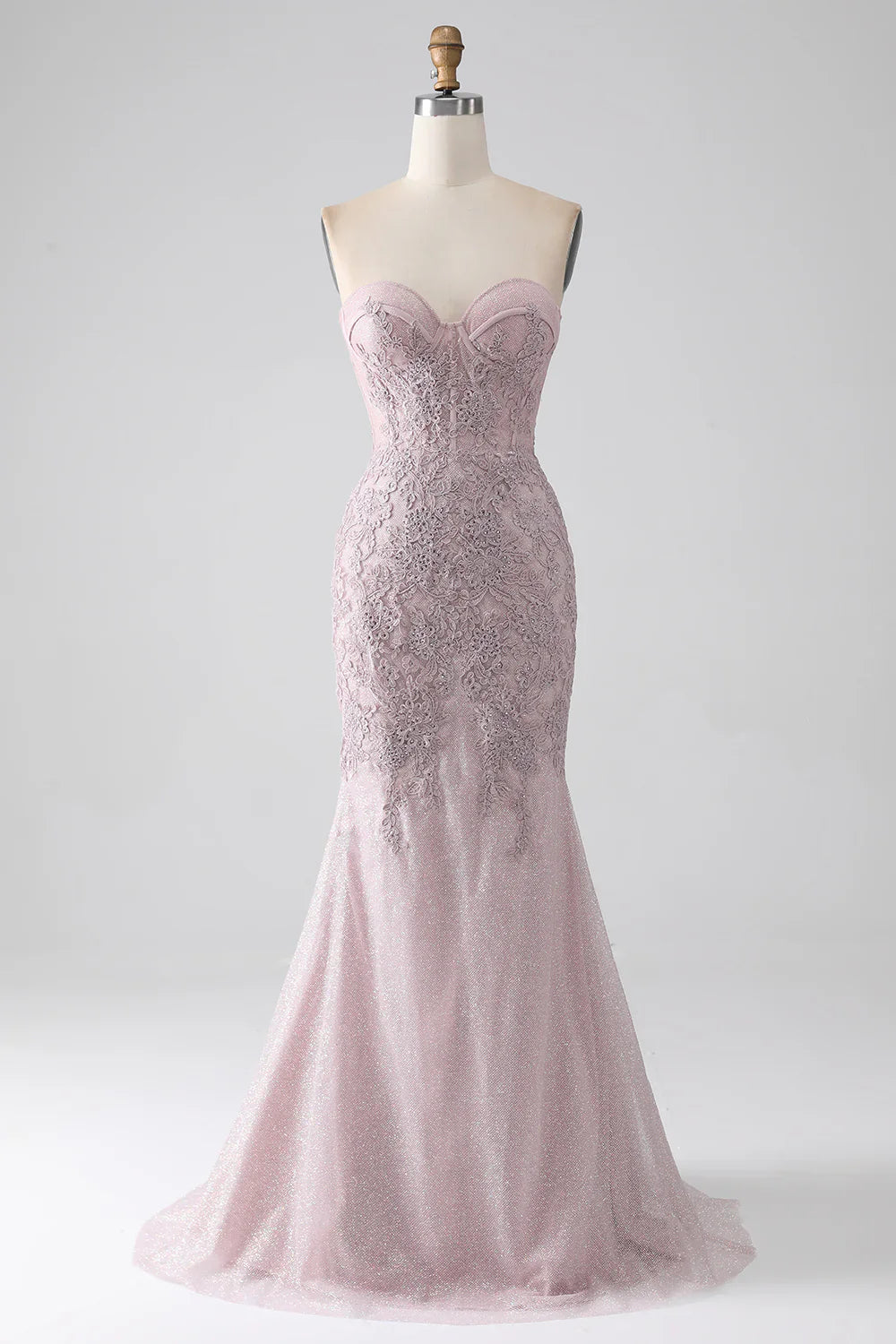 DingJiDress Sparkly Blush Strapless Mermaid Corset Prom Dress with Appliques