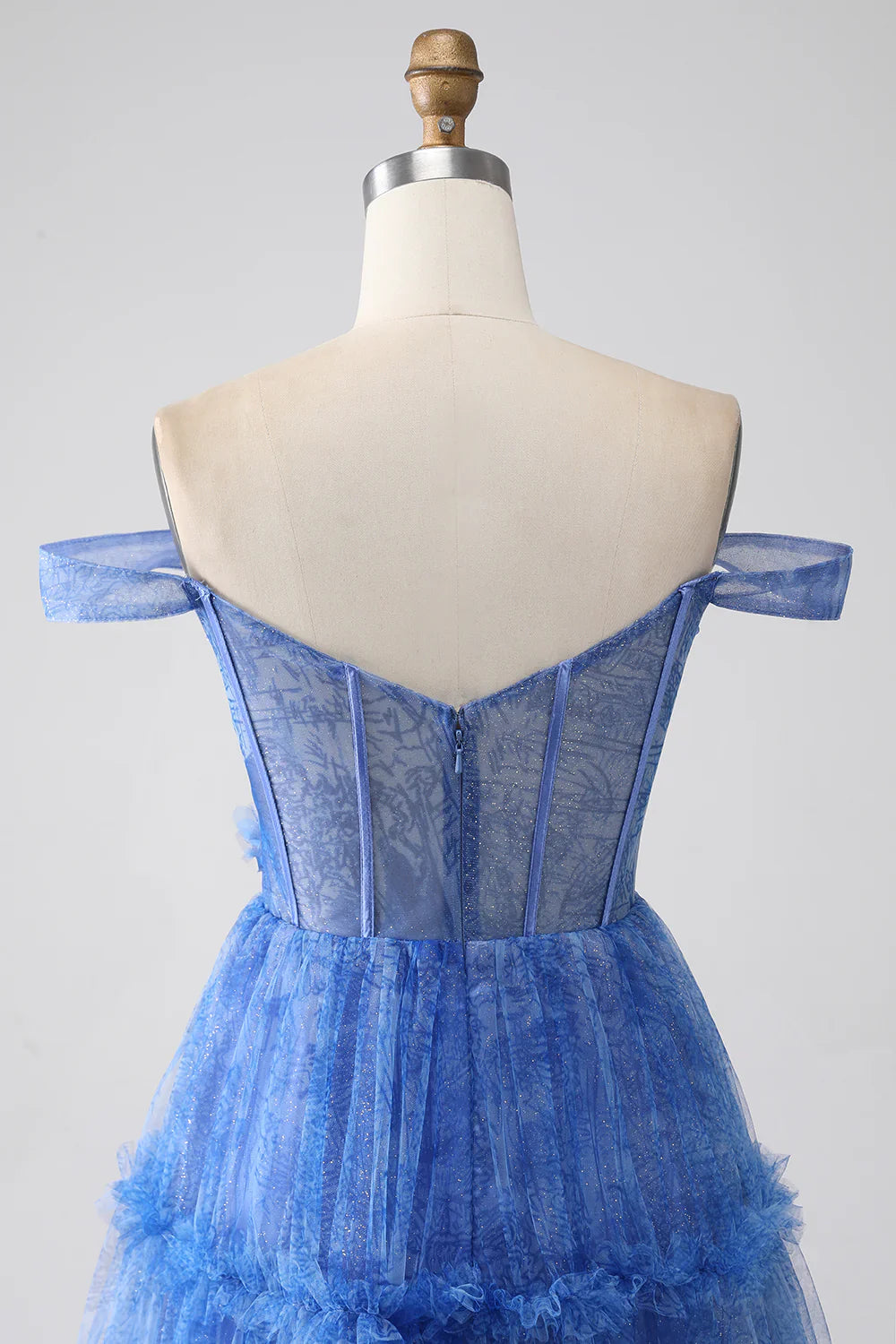 DingJiDress Blue Printed A Line Tulle Corset Prom Dress