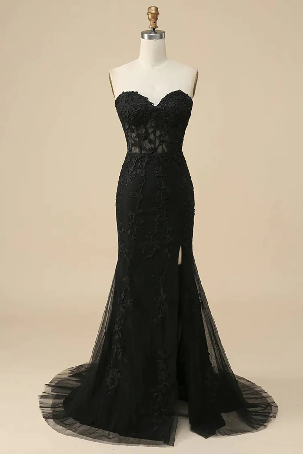 DingJiDress Corset Sweetheart Long Lace Mermaid Prom Dress with Slit