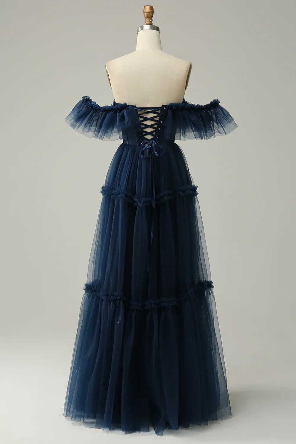 DingJiDress A-Line Off the Shoulder Sweetheart Tulle Navy Long Prom Dress
