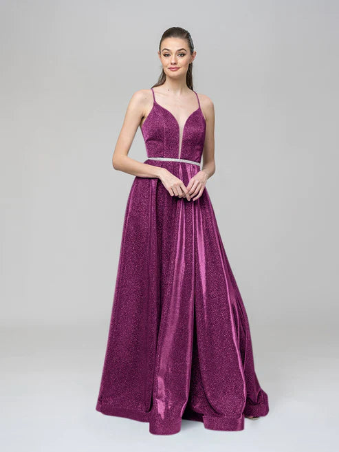 DingJiDress A Line Metallic Glitter Formal Party Prom Dresses With Beaded Waist