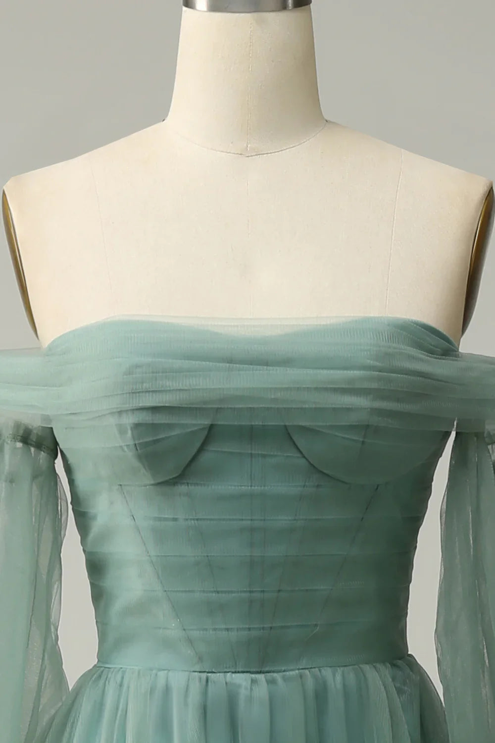 DingJiDress Off The Shoulder Grey Green A-Line Tull Prom Dress With Long Sleeves