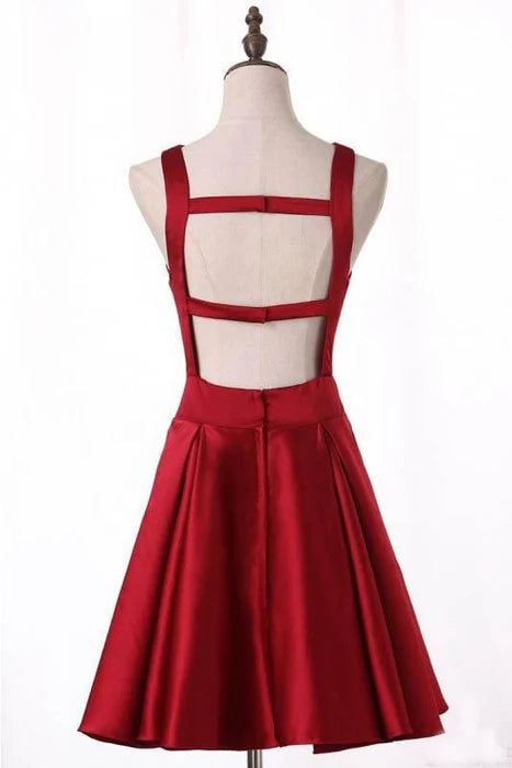 Unique Burgundy Satin Homecoming A Line Short Prom Dress with Keyhole ﻿
