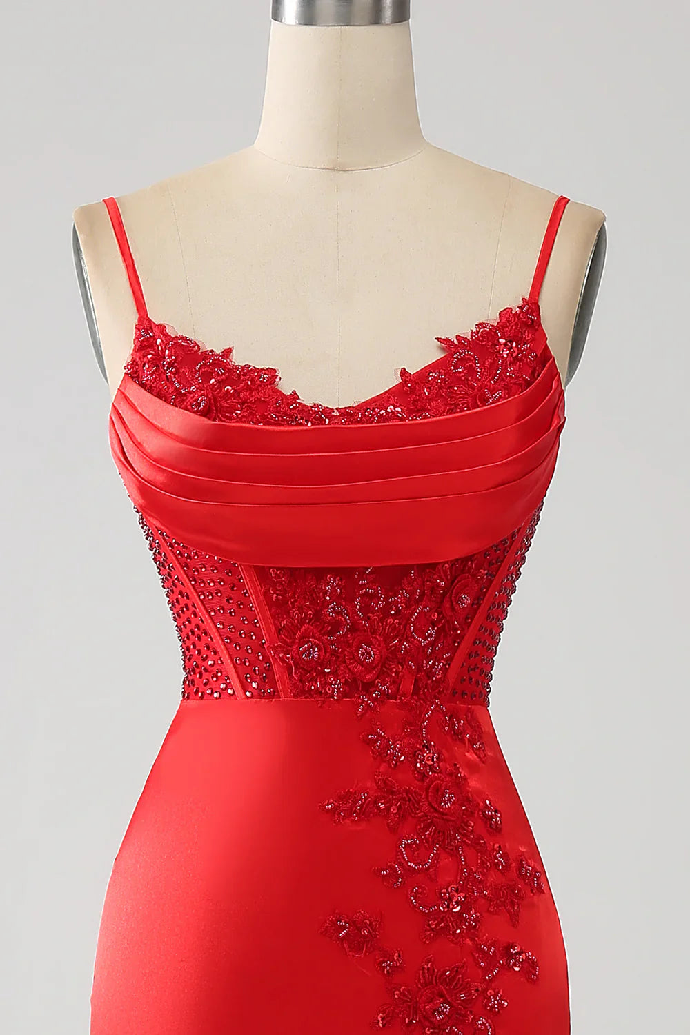 DingJiDress Satin Mermaid Beaded Red Prom Dress with Slit