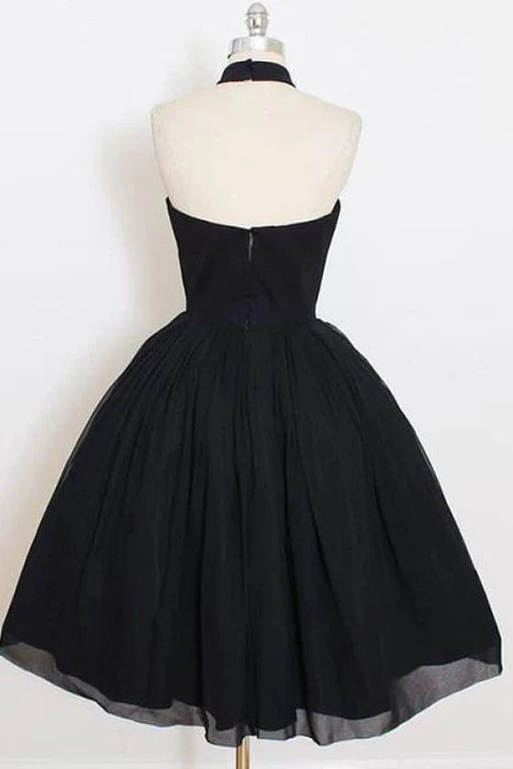 Black Sleeveless Homecoming Simple Halter Party Dresses Tea Length Graduation Dress