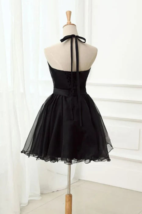 Halter Sleeveless Tulle Homecoming Cute Little Black Short Prom Dresses