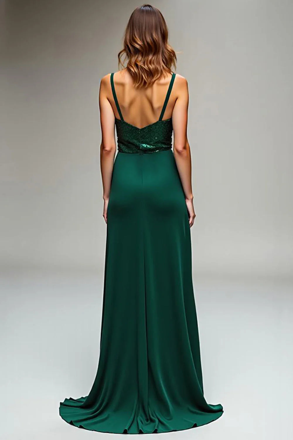 Dark Green Spaghetti Straps V-Neck Long Sheath Prom Dress with Slit ﻿
