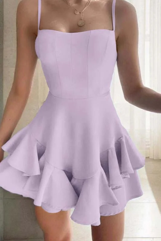 Slim Sky Blue Satin Spaghetti Strap Sleeveless Short Homecoming Dress With Ruffles