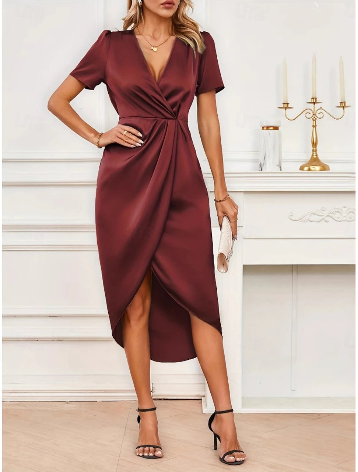 Women's Midi Dress Party Dress Cocktail Dress Satin Dress Elegant Fashion Romantic Wedding Party Wedding Guest Regular Fit Plain Short Sleeve V Neck Black Champagne Wine Green Summer